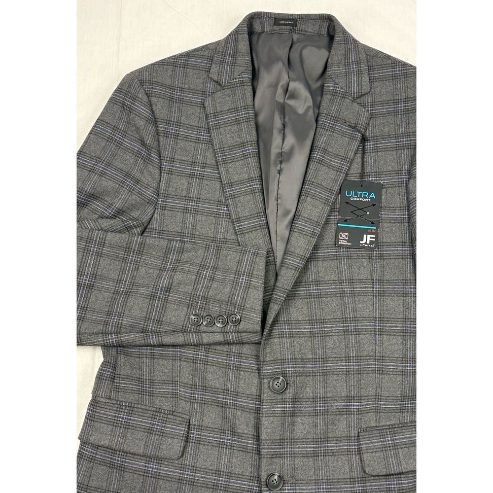 NWT J Ferrar Sport Coat 38R Slim Fit Gray/Black/Ivory Windowpane Plaid Flannel